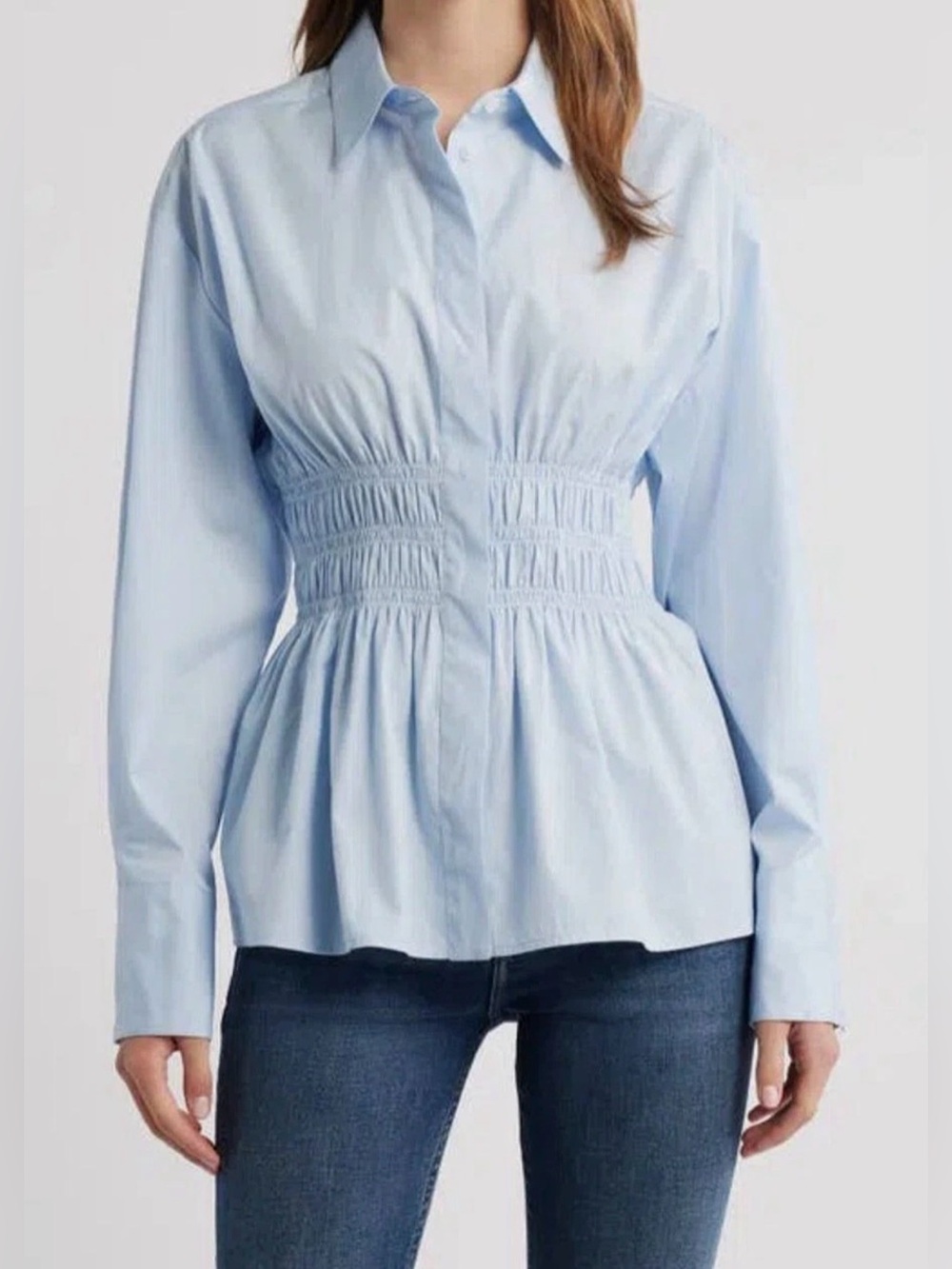 NWOT Rag & Bone Blythe Smocked Waist Peplum Cotton Button Down Light Blue size L